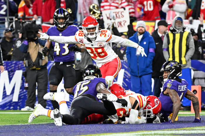 Kansas City Chiefs cornerback L'Jarius Sneed (38) celebrates as cornerback Trent McDuffie (22) recovers a fumble against Baltimore Ravens wide receiver Zay Flowers (4) and wide receiver Nelson Agholor (15) for a turnover during the second half in the AFC Championship football game at M&T Bank Stadium in Baltimore on Jan. 28, 2024.